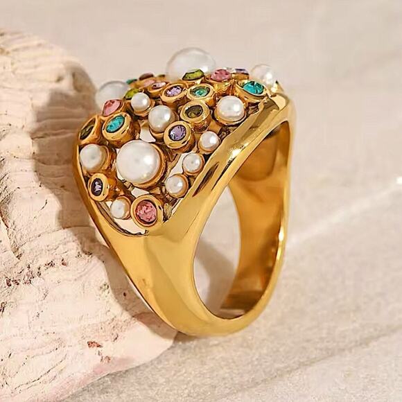 Gold Plated Multicolor Zircon, Pearl Statement Ring - Picture 3 of 7